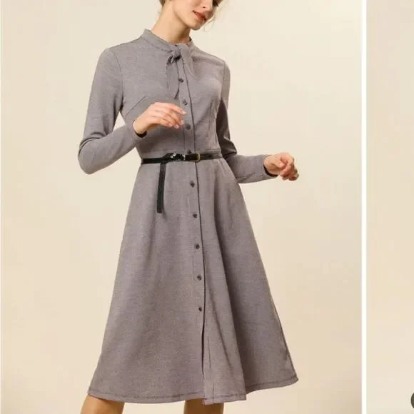 Allegra K Women's Tie Neck Button Up Work Office Plaid Houndstooth Midi Dress  - Picture 3 of 7